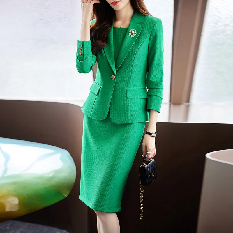 Formal Autumn Winter Women Business Suits Professional OL Styles Dress Suits Blazers with Tops and Dress Ladies Outfits Set