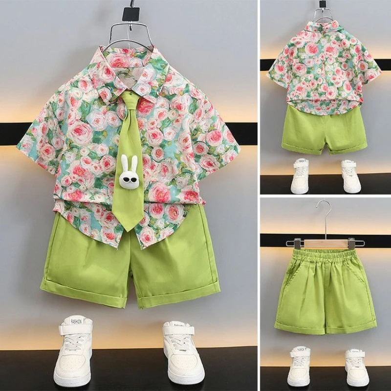 2015 الصبي الملابس مجموعة تي شيرت + السراويل الاطفال الصبي الصيف الأزهار الملابس مجموعة لطيف الكرتون بيبي بوي الزي مجموعة طفل تي شيرت السراويل