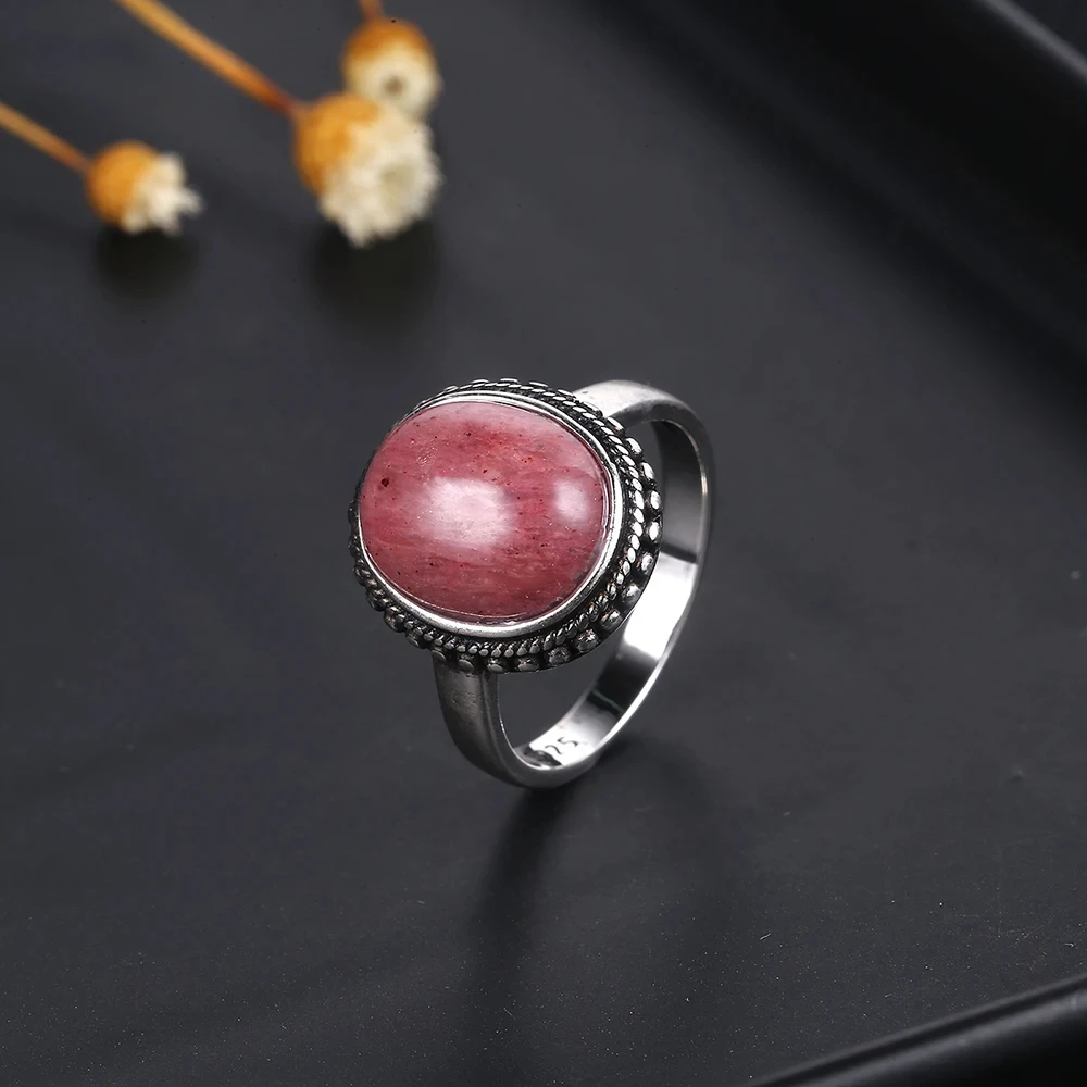 

Elegant Simple Natural Rhodochrosite Ring Fine Jewelry 925 Sterling Silver Tiger Eye Rings for Women Anniversary Engagement Gift