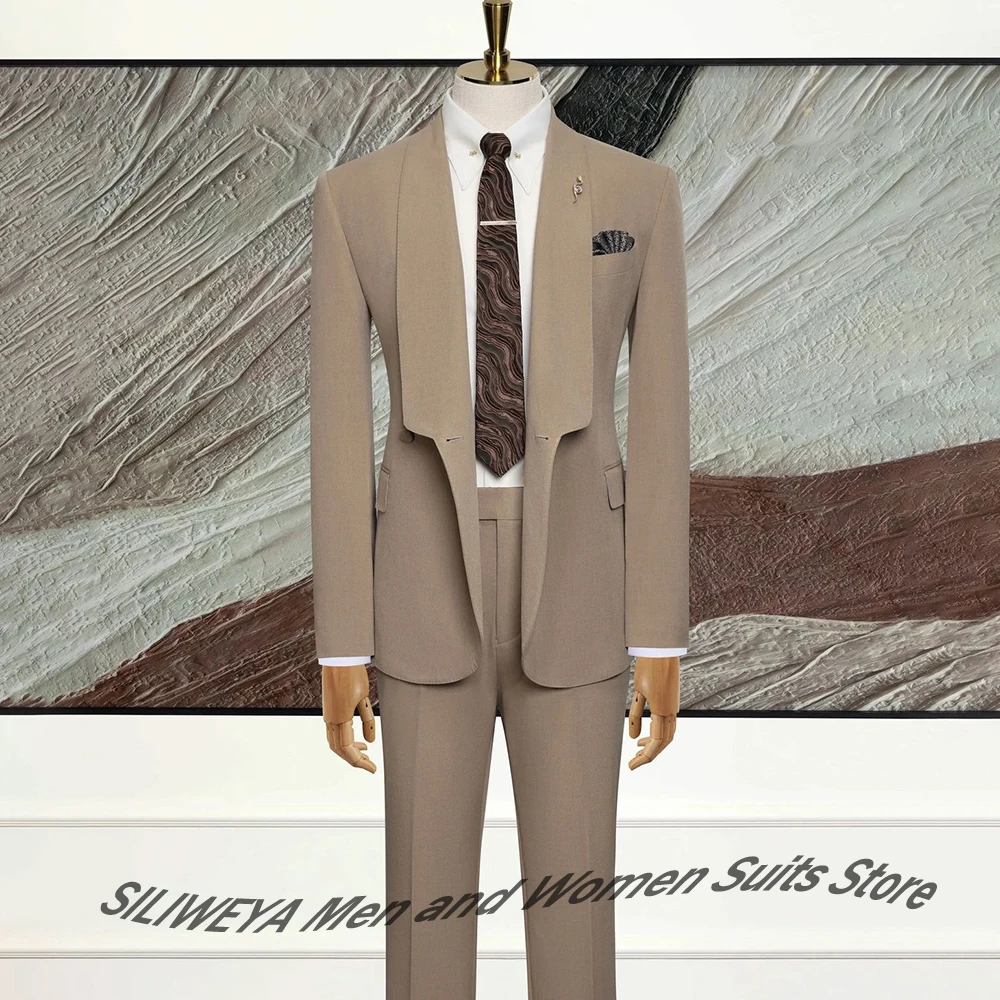 

Elegant Camel Men's Suits Shawl Lapel Double Breasted Slim Fit 2 Piece Set Formal Wedding Prom Jacket + Pants Business Tuxedo