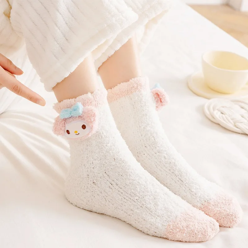 Kawaii Kuromi Cinnamoroll Plush Socks for Girls Melodyhello kitty Socks Cinnamoroll Plush Stuff Things Female Winter Warm Gifts