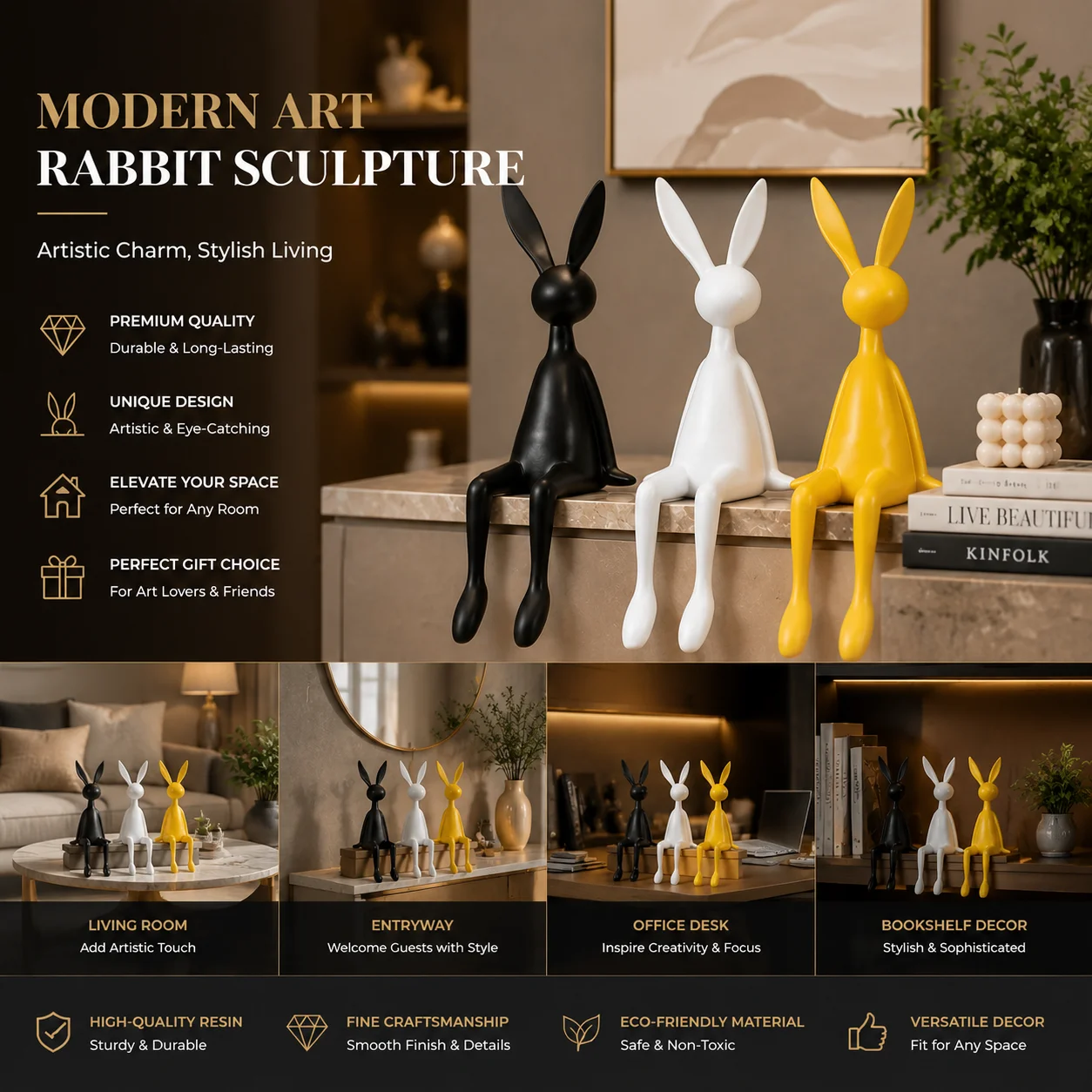 Modern Minimalist Sitting Rabbit Figurine, Creative Art Ornament Statue for Living Room Study TV Cabinet Wine Cabinet Entryway