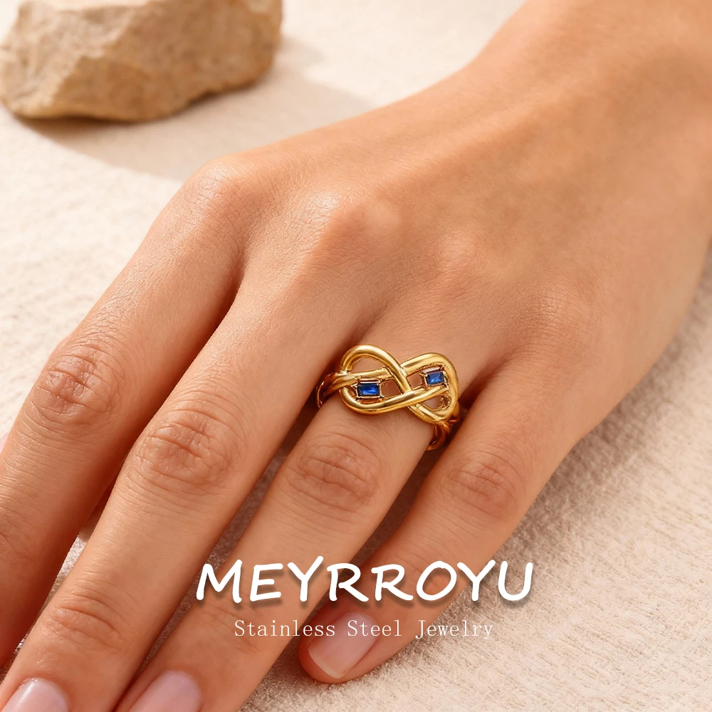 MEYRROYU 316L Stainless Steel GGolden Infinite Lines Inlay Blue Zircon Light Luxury Open Ring Women New Non-fading Ring Jewelry