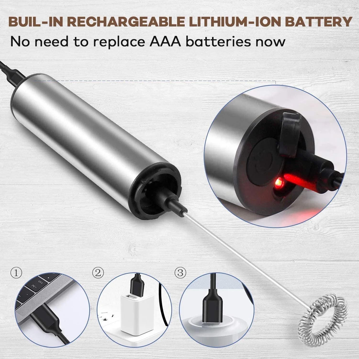 Manufactures Factory Custom Automatic Stainless Steel Cappuccino Usb Rechargeable Electric Milk Frother with 2 Whisks