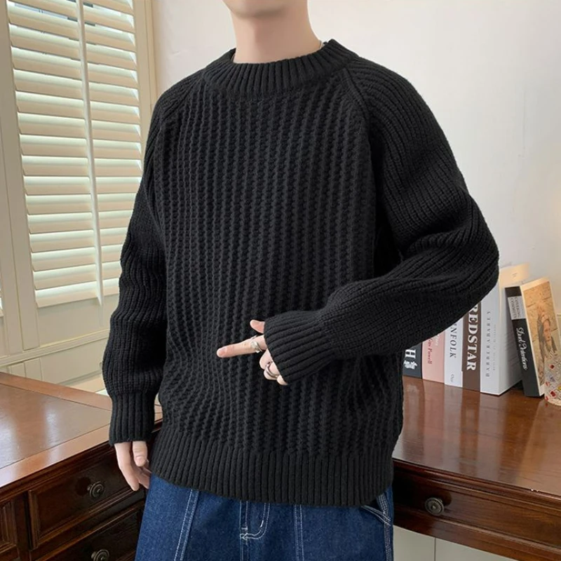 Spring New Round Neck Sweater Men's Korean Style Fashion Leisure Large Size Knitwear Male Thickened Warm Inner Match Pullover