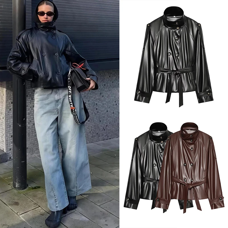 Guobioziy Women's Faux Leather Jacket 2026 Spring-Autumn New Arrival Solid Color with Button Design Euro-American Casual Fashion