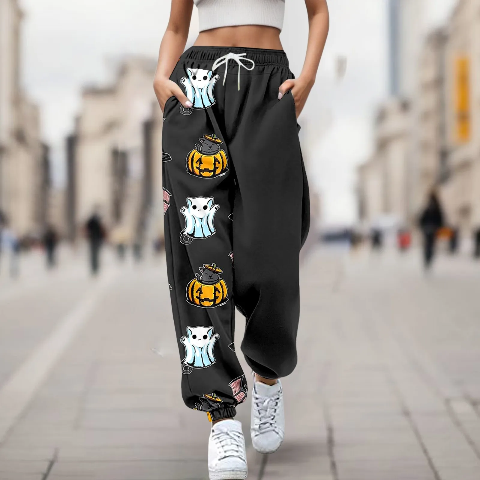 Women Sweatpants Trousers Pumpkin Halloween Print Bottom Pockets High Waist Sporty Sweatpants Gym Athletic Joggings Soft Pants