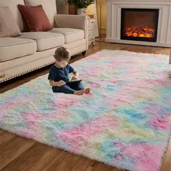 VIKAMA Tie-Dye Gradient Silk Wool Carpet Soft Plush Area Carpet Room Decoration Children's Bedroom Playroom Kawaii Non-Slip Mat