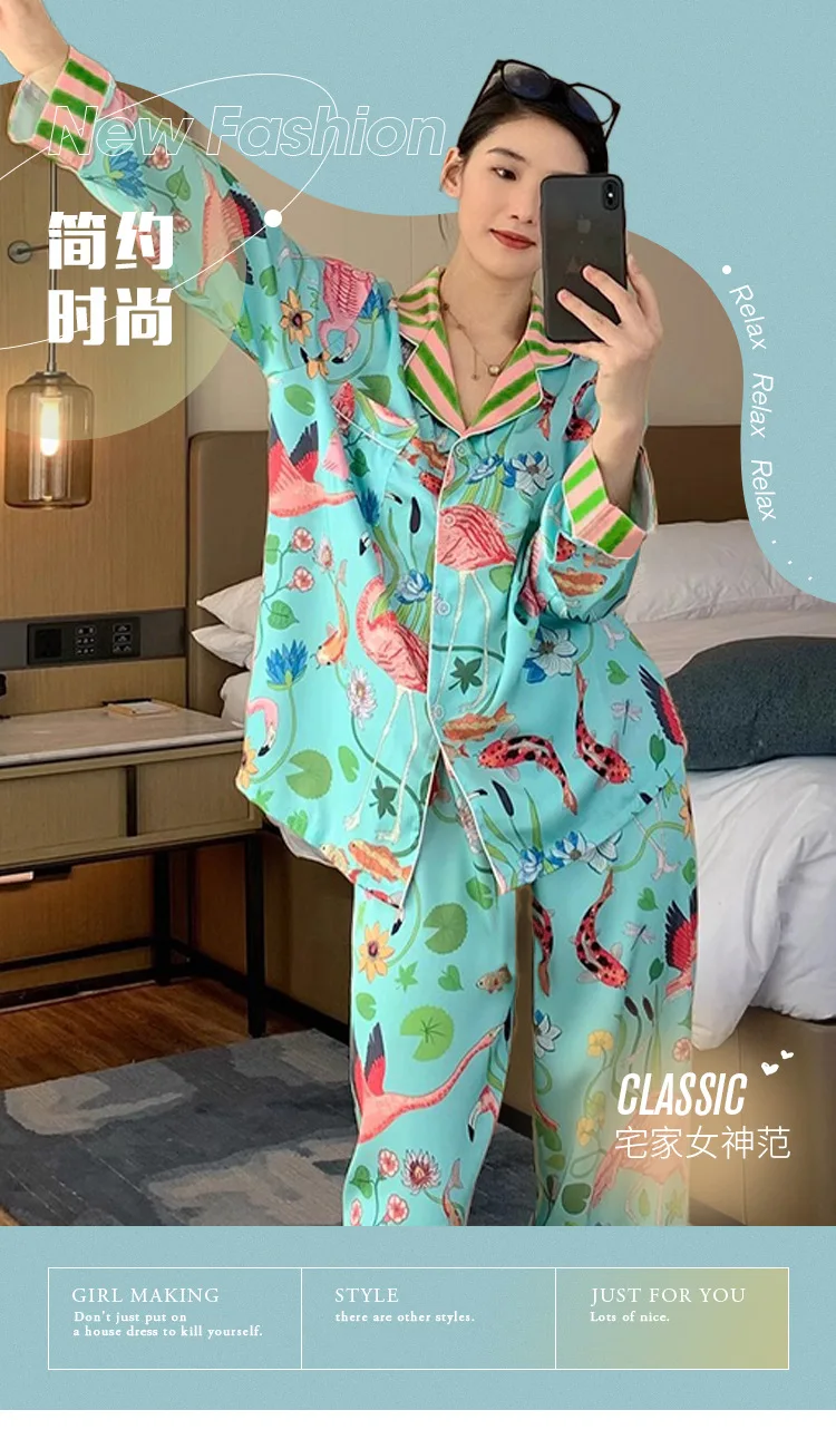 Pyjama Flamingo à Manches sulfpour Femme, Vêtement de Nuit, Pantalon, Plante Imbibée de Fleurs, Nouveau Design Ins Style, Printemps et Été