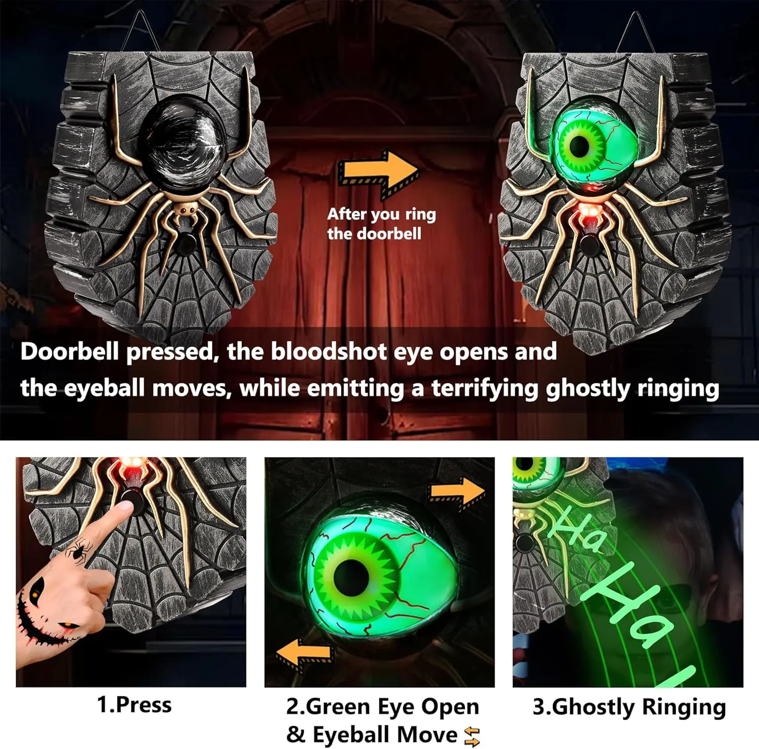 Halloween Doorbell, Animated Eyeball Haunted House Door Bell  with Spooky Sound and Lightup Eye for Halloween Party Decorations