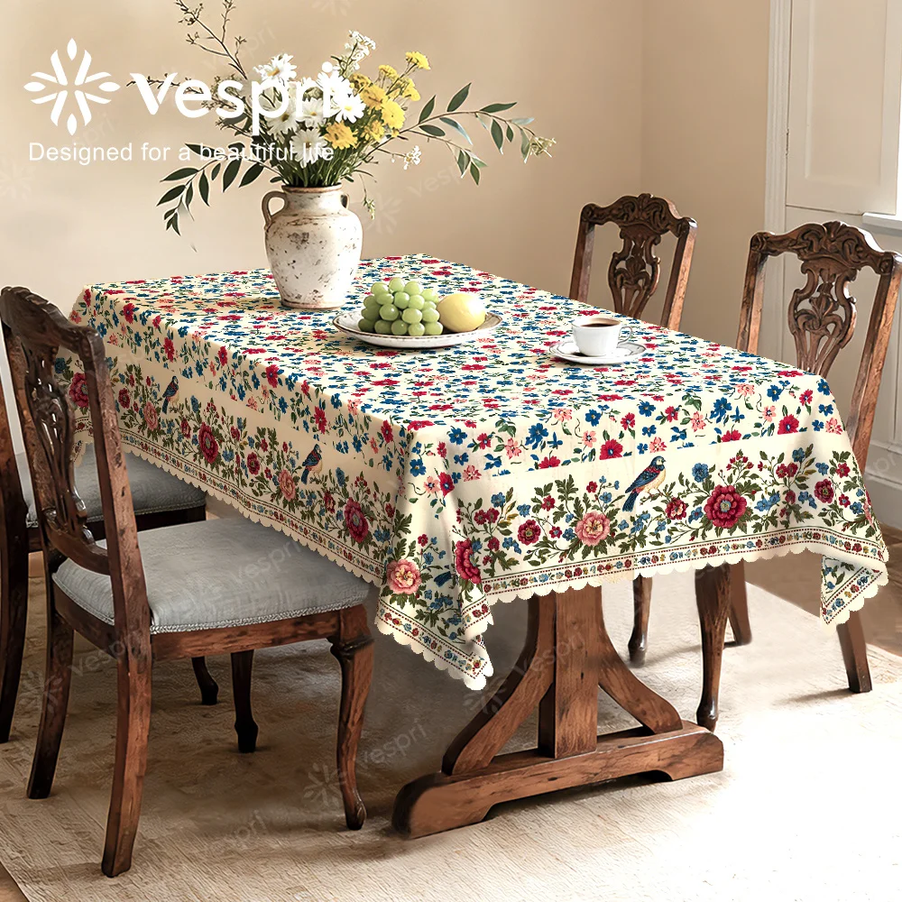 Vespri Spring, Wood Grain, Farm Style Tablecloth, White and Red Decorations, Birds