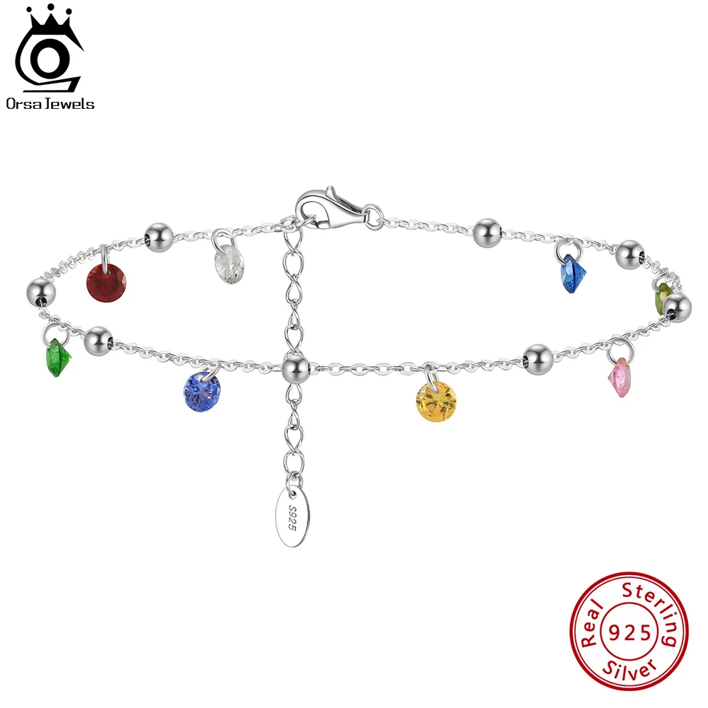 ORSA JEWELS Colorful Cubic Zirconia Anklet Soild 925 Sterling Silver Round Beaded Foot Chain Straps CZ Foot Bracelet Gift SA93