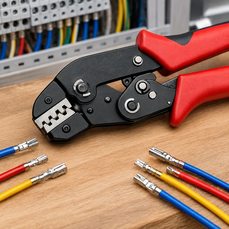 Versatile Ratchet Crimping Tool Set for SATA Pins, Open Barrel Terminals, JST, Molex, Dupont Connections