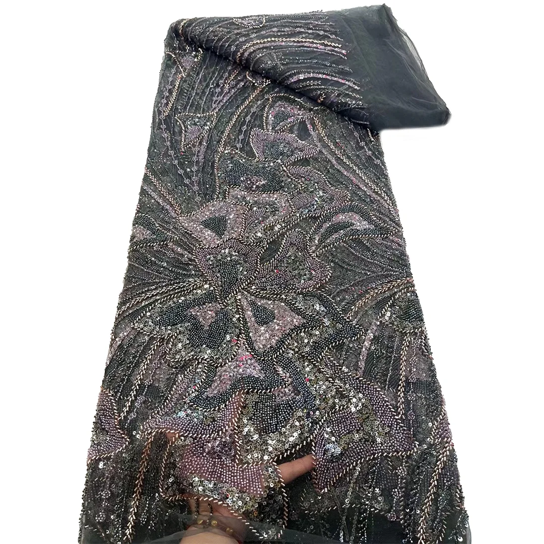 African Beads Lace Fabric 2025 High Quality 5 Yards Nigerian Sequins Beads Lace Fabric French Laces Fabrics For Party Dress Sew