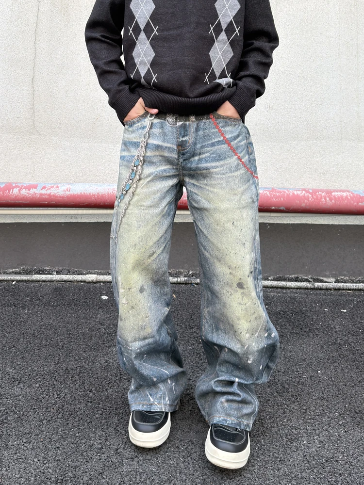 

American Hiphop Retro High Street 3D Digital Print Loose Casual Long Jeans Men's Straight Leg Jeans Vintage Style