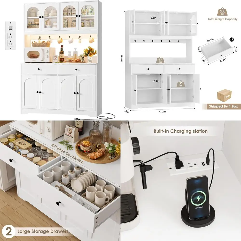 Mueble despensa de cocina con iluminación LED de 71" con toma de corriente, espaciosa hucha con puertas arqueadas, estantes y 2 cajones