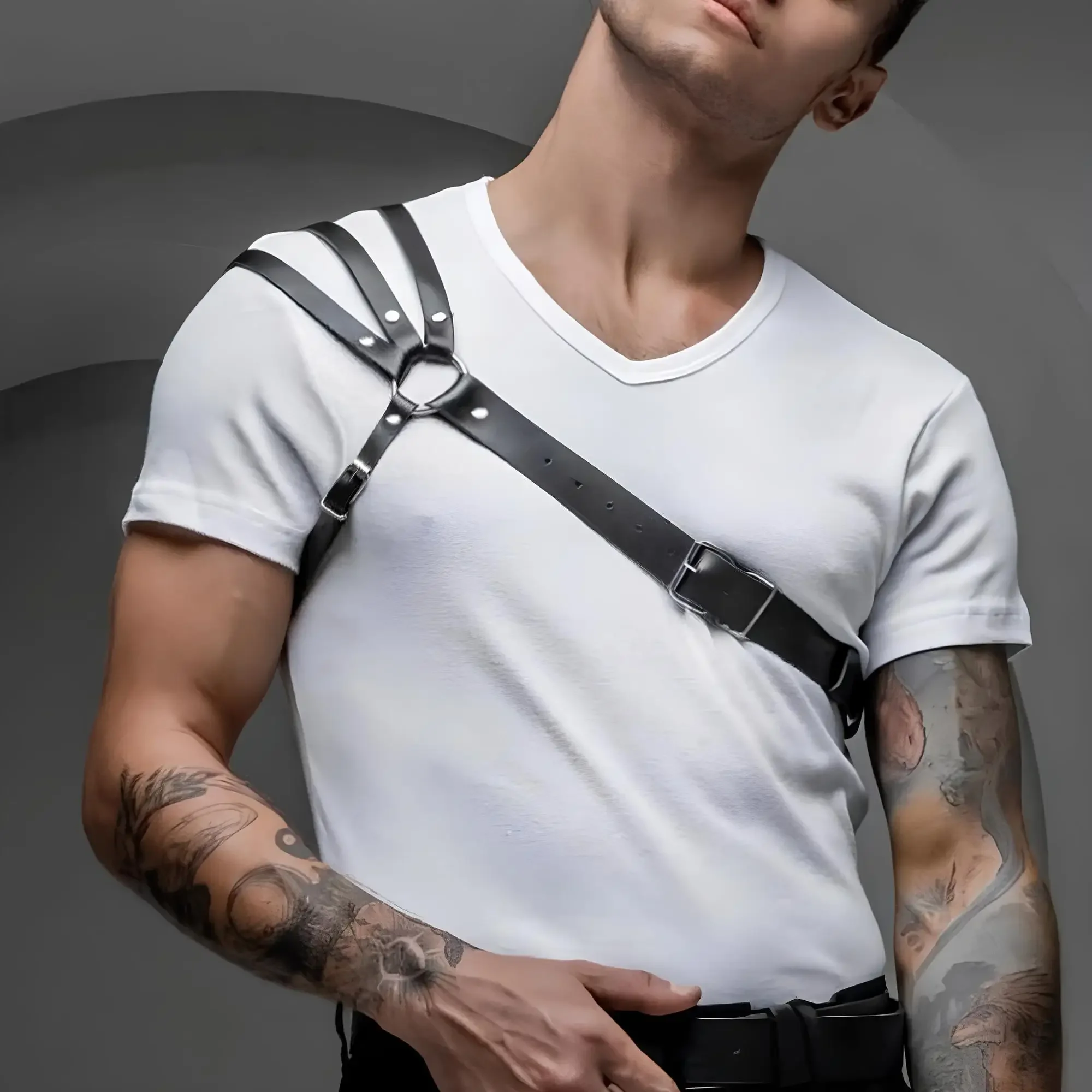 

One Shoulder Men's Harness PU Leather Gay Men Chest Harness Bondage Black Leather Men Accessories Upper Erotic Body Men Harness