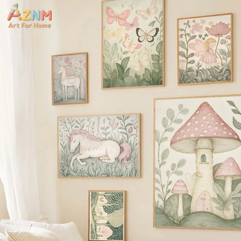 AZNM Boho Fairy Unicorn Mushroom Butterfly Wall Art Canvas Print, Whimsical Nursery Decor Frameless Poster for Baby Girl Room