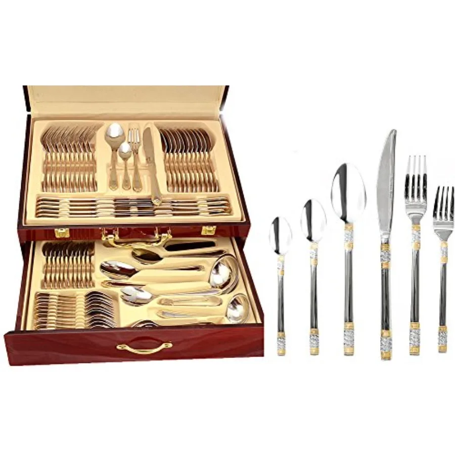 

Набор столовых приборов из 75 предметов, столовые приборы для столовых приборов из серебра для 12 столовых приборов, хирургическая нержавеющая сталь премиум-класса 18/10, позолоченная 24 карата.
