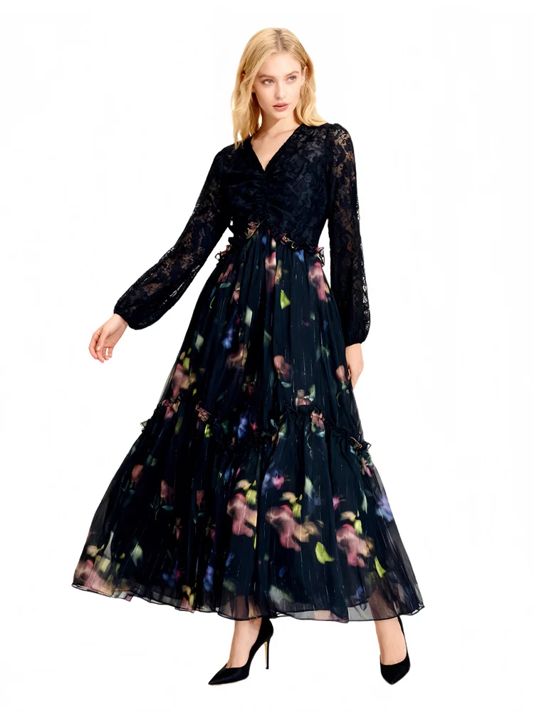 

JUNLINNA весенне-осеннее женское платье для подиума, кружевное лоскутное сетчатое платье с принтом, плиссированное праздничное платье