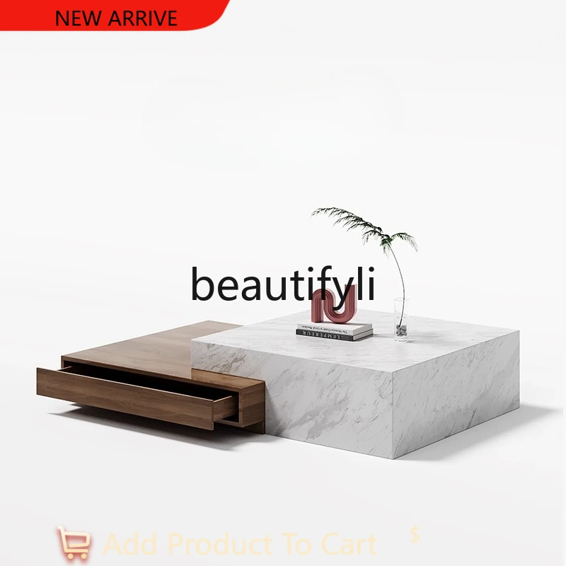

Natural Marble Coffee Table and TV Cabinet Set for Living Room, Light Luxury Italian Minimalist Square Wabi-Sabi Style G1218