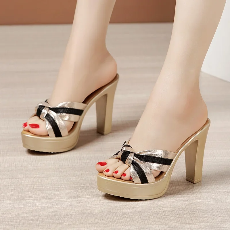 Plus Size 32-43 Open Head Block Heel Platform Slippers Summer 2024 Stripe Elegant High Heels Slides Office Party Shoes