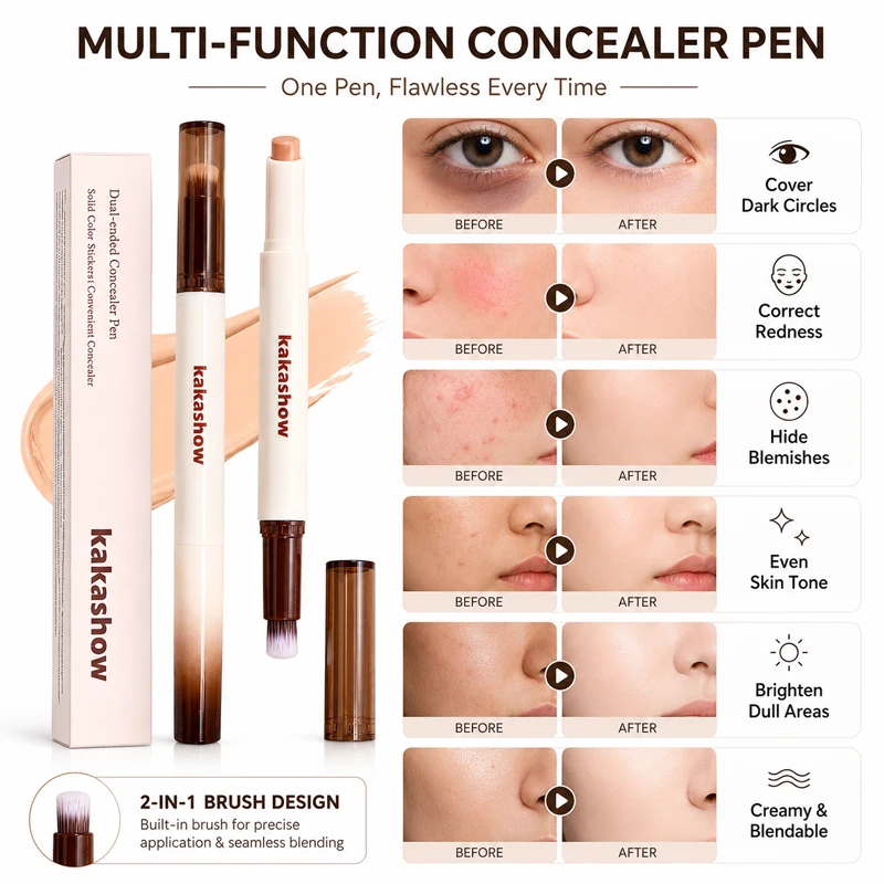 kakashow Dual End Concealer Pen Creamy Color Corrector Stick 4 Shades Cover Dark Circle Acne Marks Redness Brightening Long Last