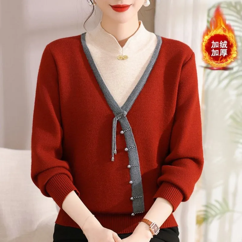 

New Middle-aged Mother Autumn High Quality Sweater Women Fake Two Casual Elegant Long Sleeve Knitt Sweaters Ladies Knitwear Top