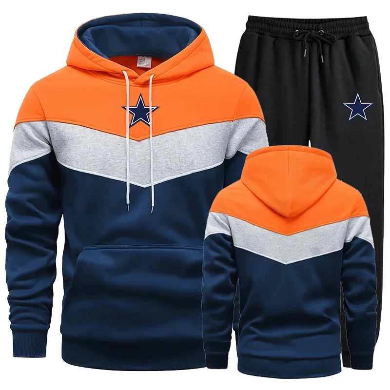 Autumn Winter Mens Tracksuit Print Tricolor Hooded Sweatshirts+Black Jogging Pants 2 Piece Set High Quality Warm Casual Clothing