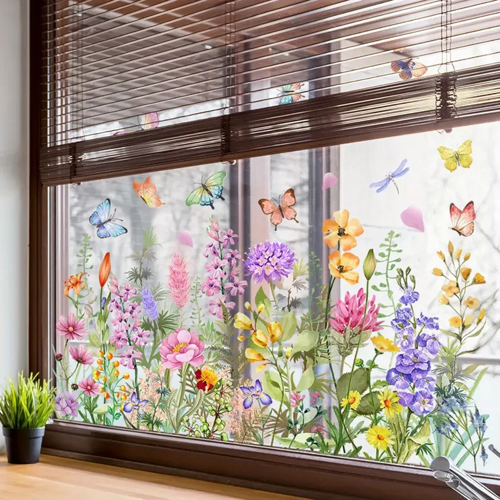 Adesivi per finestre riutilizzabili a farfalla e fiori di campo adesivi in PVC impermeabili su entrambi i lati per la decorazione della casa e dell'ufficio