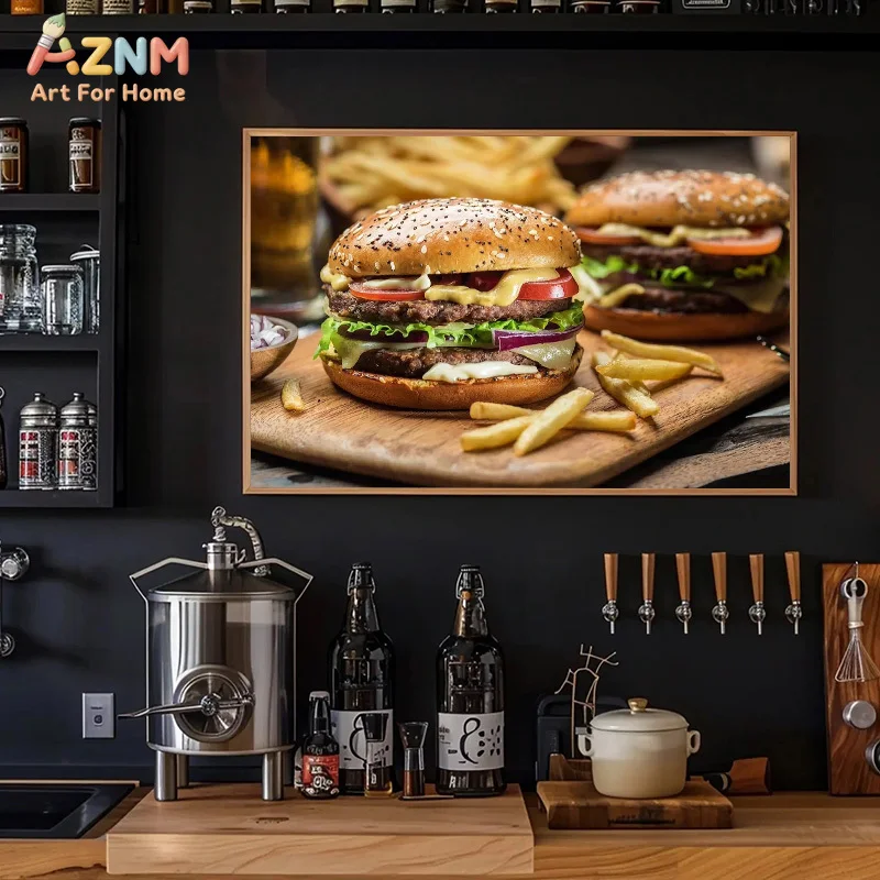 AZNM Gourmet Burger Food Photography Canvas Wall Art, Realistic Delicious Hamburger Print, Frameless Fast Food Canvas Painting f