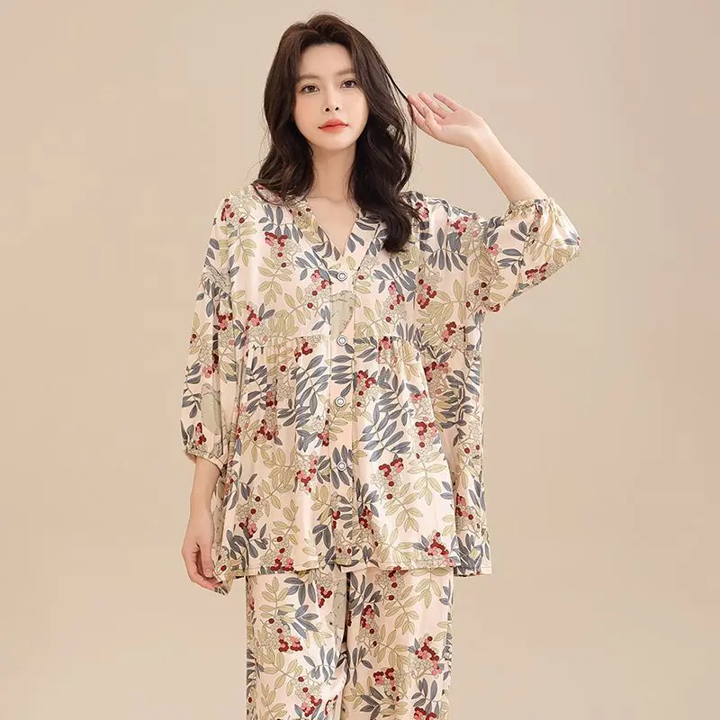 Baggy Pajama Sets Women Casual Chic Spring Vintage Printed Home Lounge Wear Lady Sleep Breathable Stylish Korean Fashion 2023