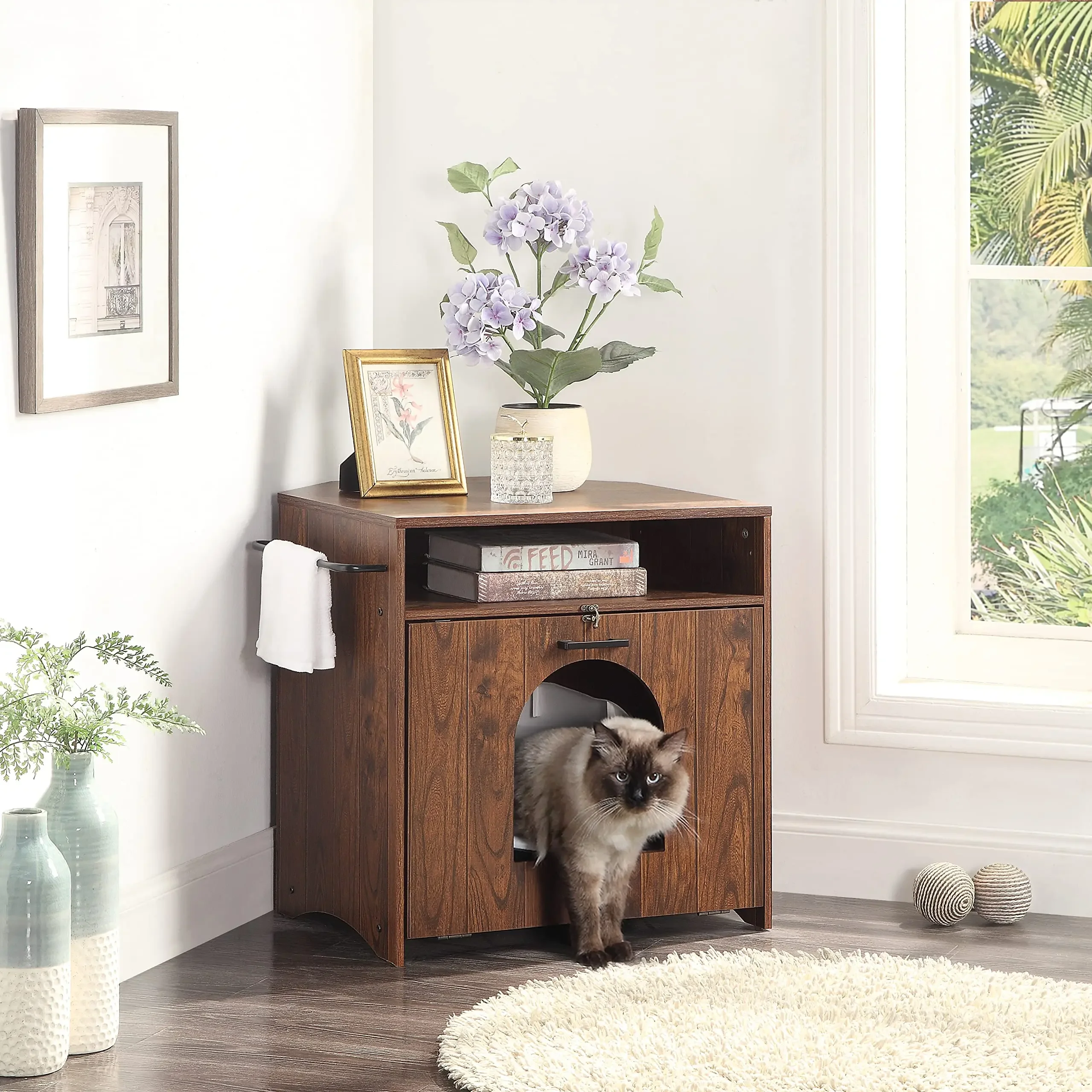 Modern Style Wooden Cat Litter Box Enclosure Hidden Litter Cabinet Furniture With Drawer And Door