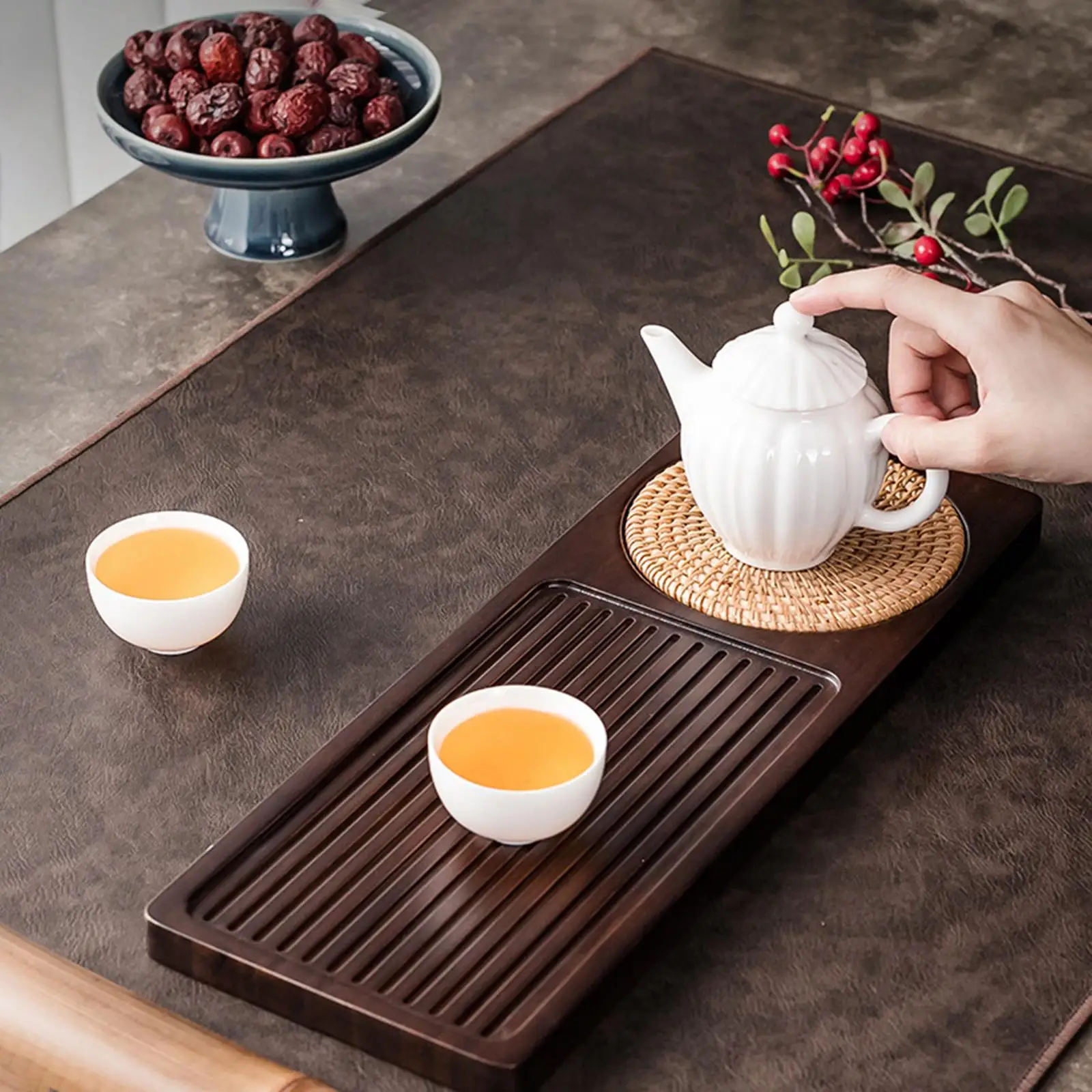 

Chinese Tea Serving Tray Bamboo Plate Nonslip Wood Tray for Tea Party Vintage Elegant Table Decor