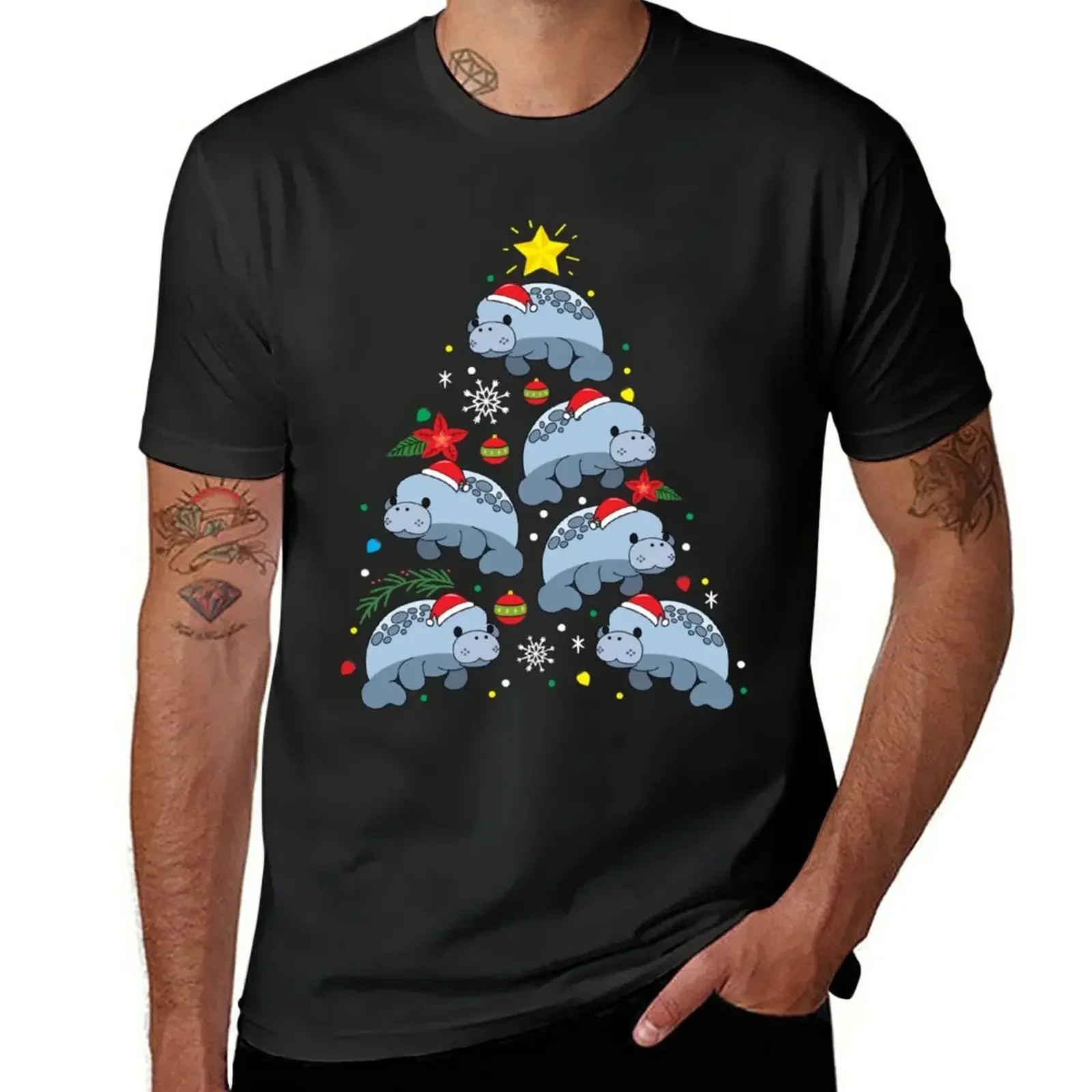 T-shirt personnalisé d'ornement d'arbre de Noël de lamantin pour des garçons, impression d'animal, vêtements d'anime, hommes