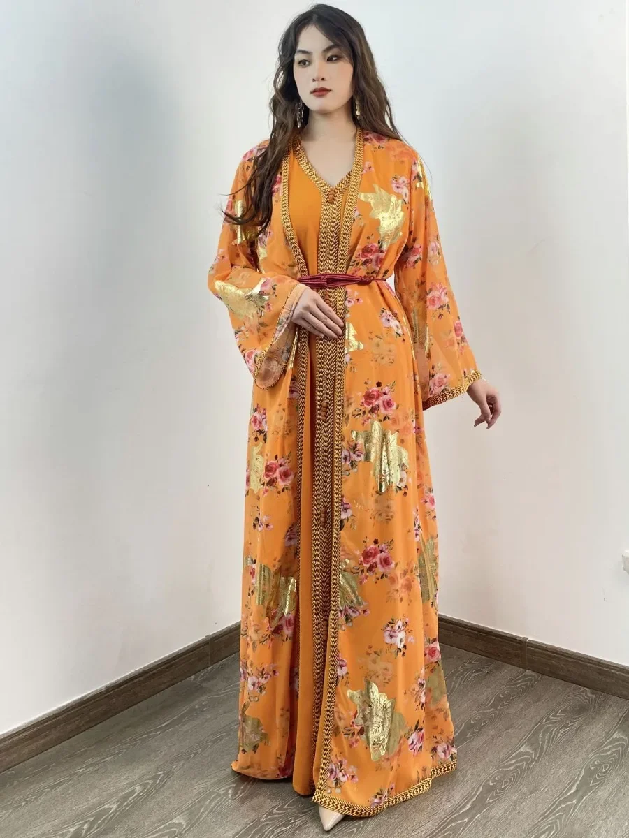 Robe musulmane marocaine pour femmes, imprimé floral, diamant, Abaya, ensemble 2 pièces, Dubaï, arabe, robe de soirée éducative, caftan long, robe