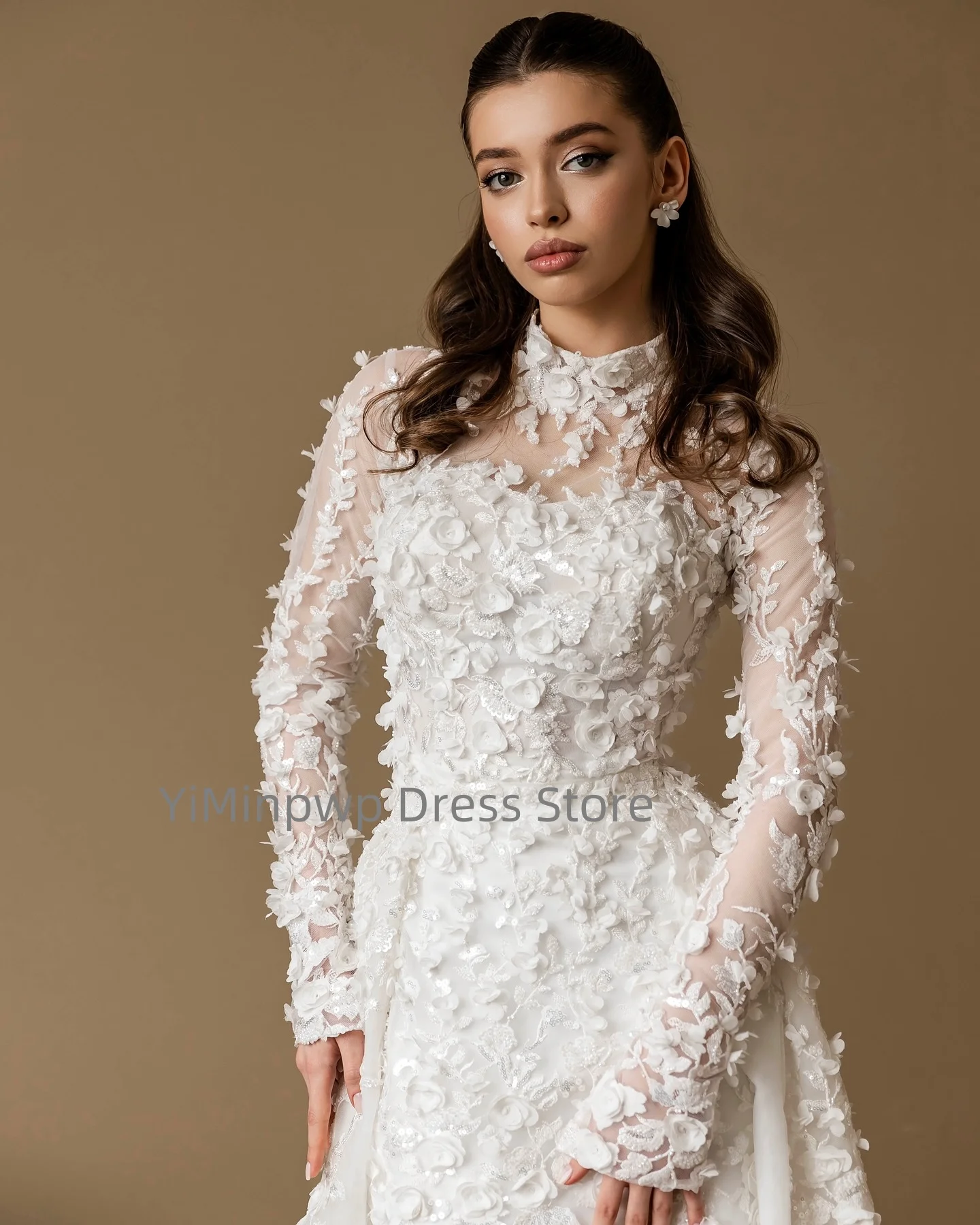 Vestidos de casamento requintados, gola alta, manga longa, sereia, vestido de noiva, flor, trem de varredura, vestido de noiva personalizado