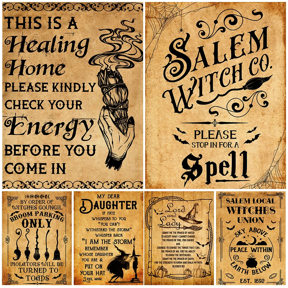 Salem Witches Broom Parking Flag Art Print Witch Property Garden Warning Wall Art Canvas Painting Wicca Art Poster Print Decor
