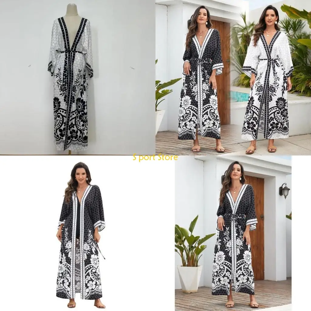 

U2JB Women Swimsuit Coverup Beach Cardigans with Waist Band Flower Print Kimono