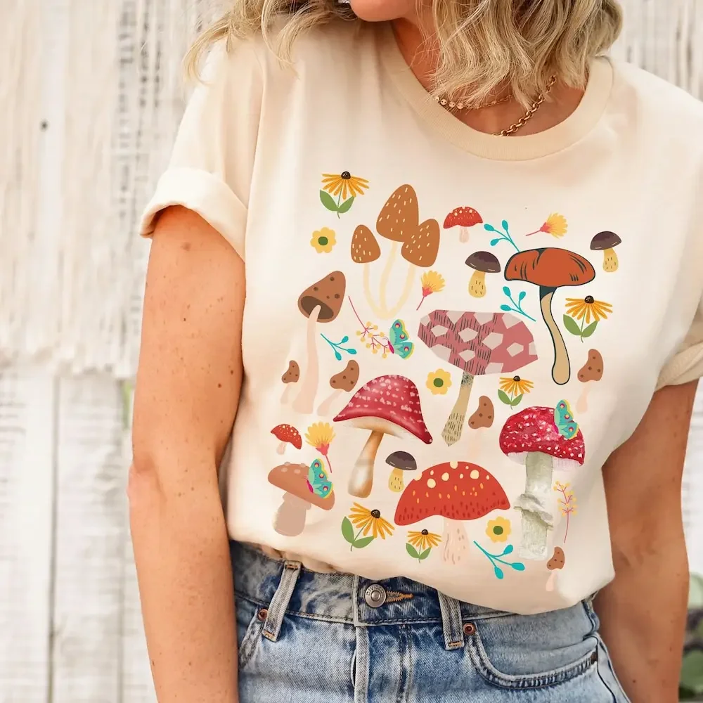 Retro Wildflower And Mushroom T Shirt Fairycore Cottagecore Aesthetic For Women Boho Style Oversized Trendy Nature Lover