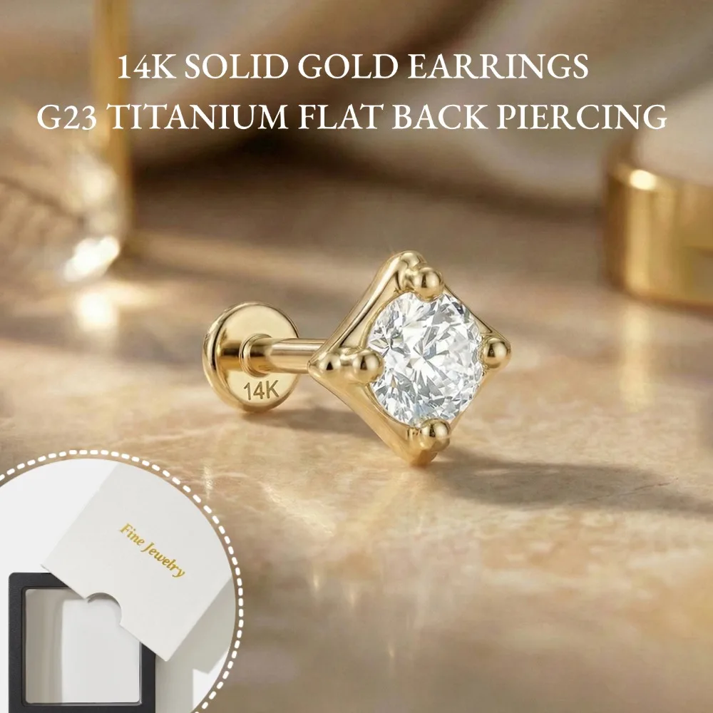 DIeSchein 14k Solid Gold Piercing Earring Women Cartilage CZ Flat Back Earrings for Piercing Cartilage Hoop Earrings Jewelry - view 3