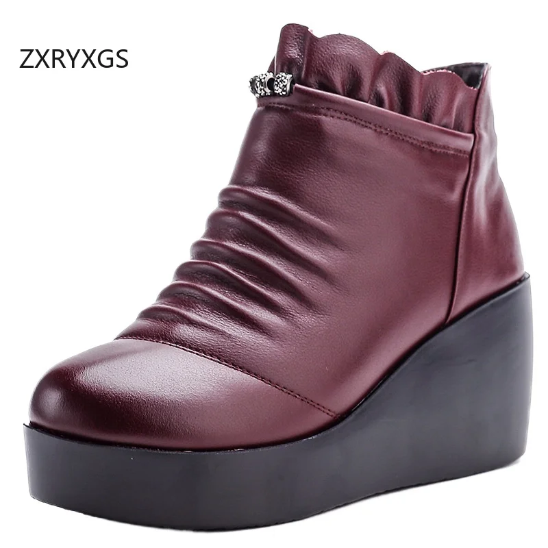 

ZXRYXGS Top Layer Cowhide Fold Thick Sole Wedges Boots High Heels 2025 Big Size New Women Autumn Winter Boots Fashion Boots Tide