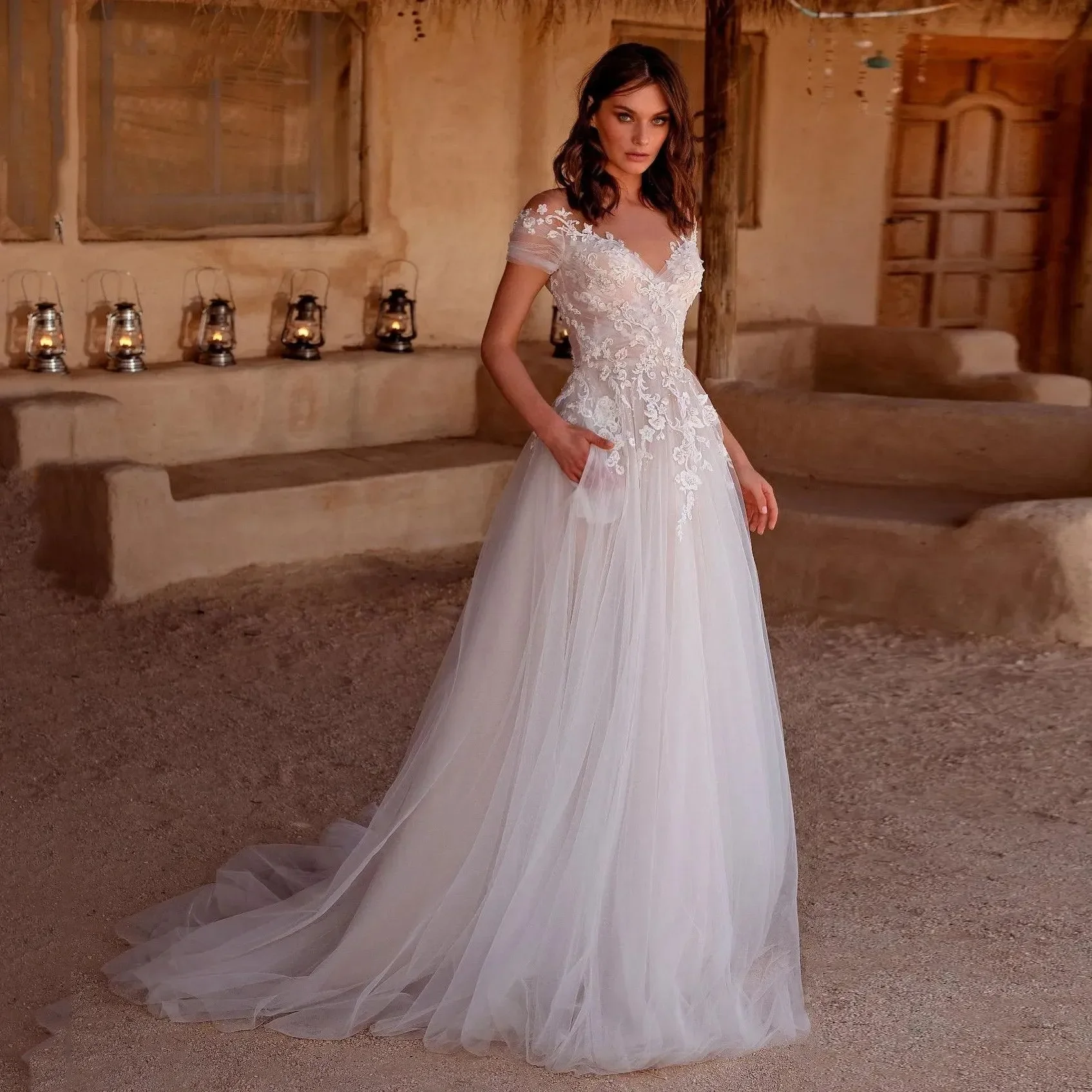 Vestido de novia de manga larga con cuello en V y Espalda descubierta, traje elegante de princesa de encaje, personalizado, 2024