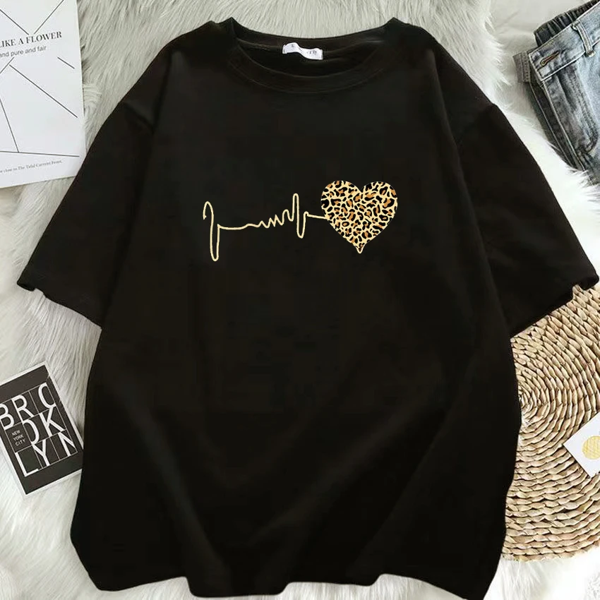 

Harajuku New 90 's Leopard Heartbeat Short Sleeve Print Clothing Women's T-Shirt Graphic Clothing Women's Top,Drop Ship