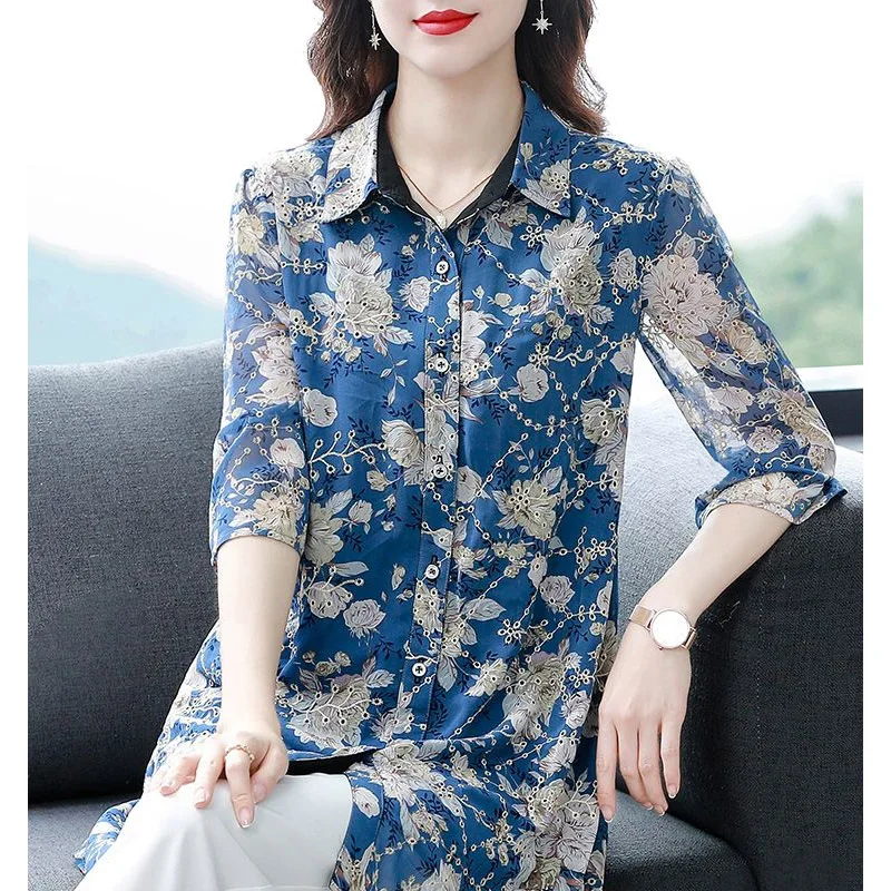 Summer POLO Collar Fashion Half Sleeve Shirt Women High Street Casual Loose Button Cardigan Printing Elegant Mid-length Blouse