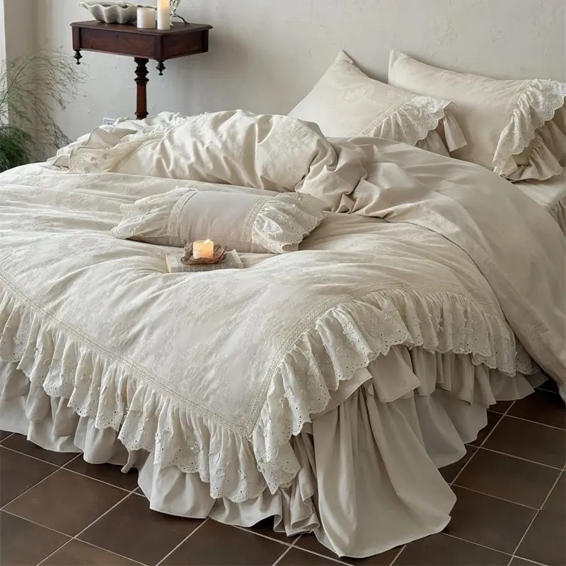 Vintage Jacquard Double Layer Butterfly Lace Ruffles Bedding Set 100% Cotton Jacquard Duvet Cover Bed Skirt Pillowcases 4Pcs