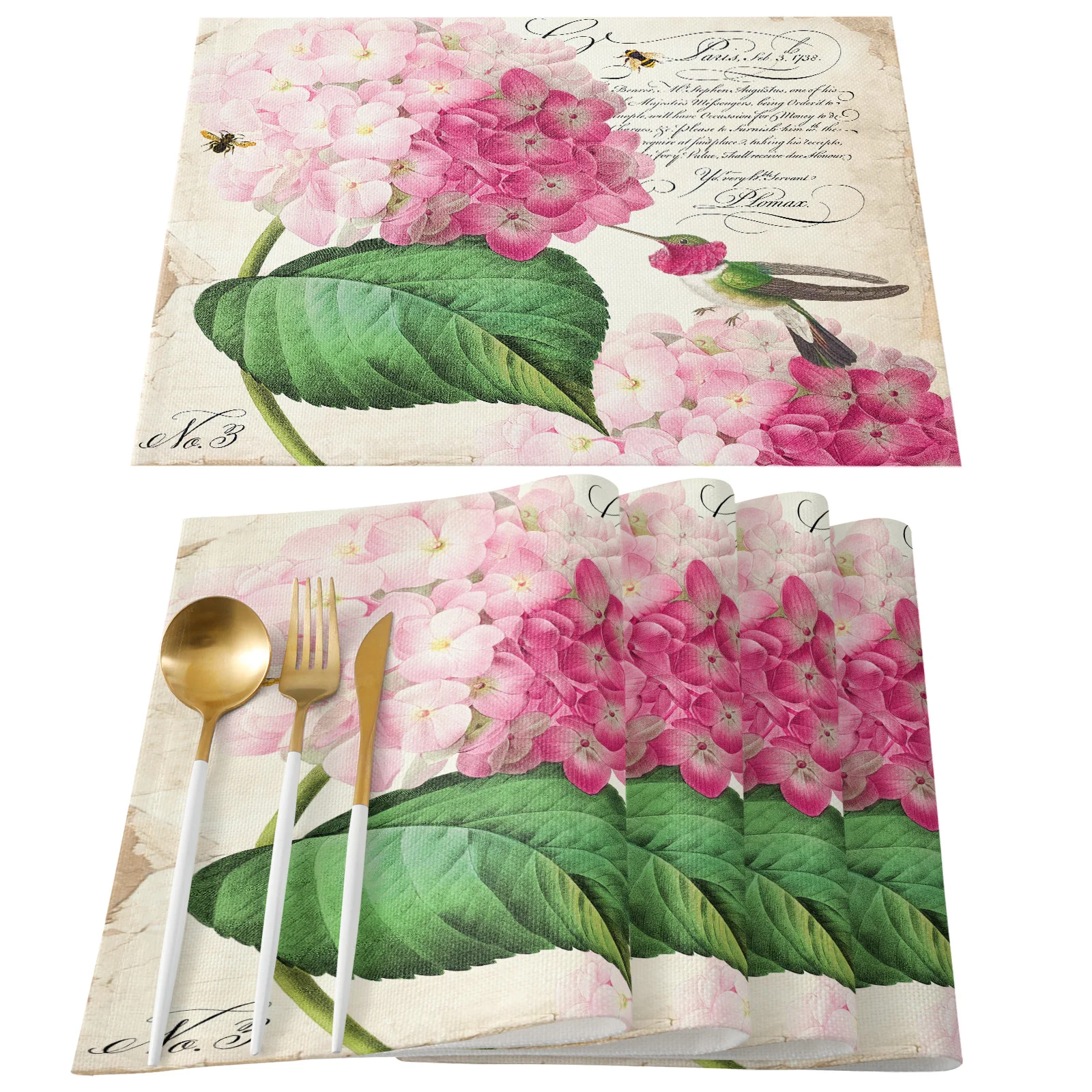 4/6 Pcs Placemat Hummingbird With Hydrangea Table Mat For Dining Table Kitchen Accessories Coffee Tea Coaster