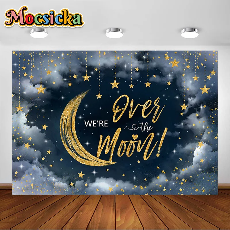 

We Are Over The Moon Baby Shower Photography Backdrops Moon and Stars Celestial Night Backgrounds Newborn Portrait Photo Studio