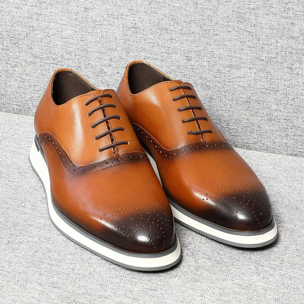 

Luxury Classic Men's Oxford Dress Sneakers Cowhide Genuine Leather Brown Black Lace-Up Brogue Business Casual Flats Men Shoes