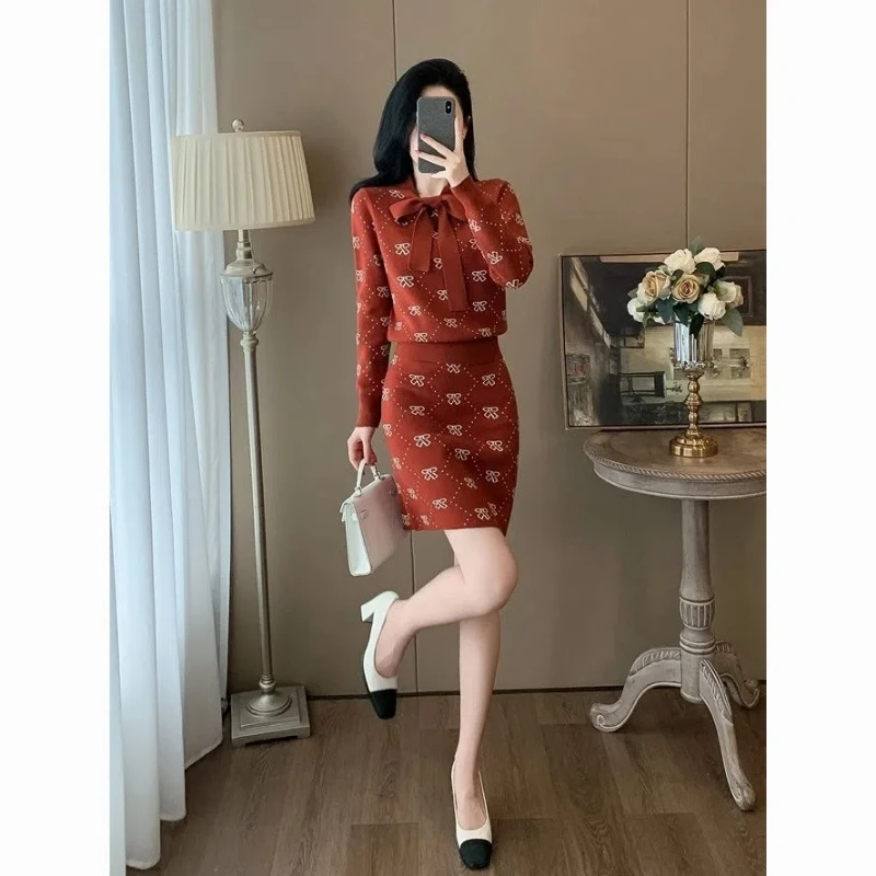 Spring Autumn Ladies Suits Bow Patchwork Long Sleeve Fashion Sweater High Street Elastic Waist Printing All-match A-line Skirt